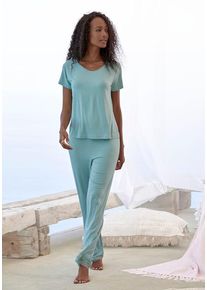 Lascana Pyjama blau Gr. 32/34 für Damen. Rundhals und Spitze. Figurumspielend. Nachhaltig.