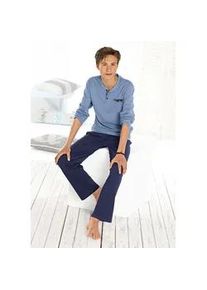 Pyjama AUTHENTIC LE JOGGER Gr. 146/152, blau (blau-meliert-marine) Kinder Homewear-Sets in langer Form, Oberteil mit Knopfleiste