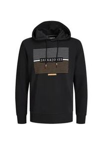 Jack & Jones Hoodie JACK & JONES "JJCYRUS SWEAT HOOD: Komfortable Baumwollmischung mit coolem Gummidruck" Gr. S, schwarz Herren Sweatshirts Vielseitiges Sweatshirt: Angenehme Sweatware