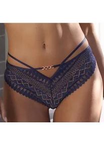 String Lascana "Nina" Gr. 32/34, blau (dunkelblau) Damen Unterhosen mit sexy Bänder-Optik und edlem Schmuckaccessoire