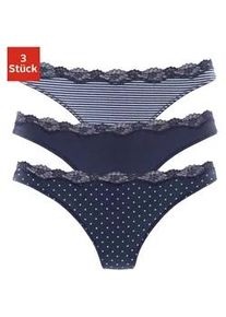 String Lascana Gr. 40/42, blau (marine-gepunktet, gestreift, uni) Damen Unterhosen aus elastischer Baumwolle mit zarter Spitze