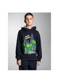 Sweatshirt TRIGEMA "TRIGEMA Hoodie mit großem Dino-Printmotiv" Gr. 140, blau (navy) Kinder Sweatshirts