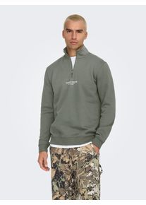 Only & Sons ONLY & SONS Herren Sweatshirt "ONSCURATED REG HALF ZIP SWEAT", grau, modisch, Gr. XXL, bedruckt, angeraute Sweatware, Obermaterial: 65% Baumwolle,