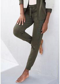 Damen Homewearhose, BENCH. LOUNGEWEAR, Gr. 32, grün, angeraute Sweatware, Obermaterial: 95% Baumwolle, 5% Elasthan, unifarben, sportlich, Hosen, mit