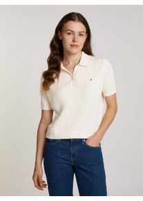Tommy Hilfiger Damen Polokragenpullover "CO CABLE POLO SWEATER SS", weiß, casual, Gr. XXXL, meliert, Strick, Obermaterial: 100% Baumwolle, Pullover,
