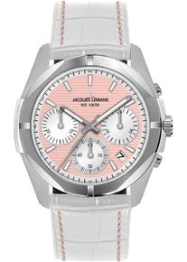 Jacques Lemans Damen Chronograph "Monte Carlo", weiß, Armbanduhren, Quarzuhr, Armbanduhr, Damenuhr, Datum, Stoppfunktion, Lederarmband