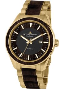 Jacques Lemans Herren Solaruhr "Eco Power Solar Wood, 1-2116J", braun, Armbanduhren, Armbanduhr, Herrenuhr, Datum, Holz-Zifferblatt, Edelstahlarmband