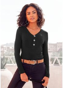 Lascana Damen Langarmshirt "mit kurzer Knopfleiste", schwarz, casual, Gr. 36, unifarben, Rippware, Obermaterial: 95% Viskose, 5% Elasthan, Shirts,