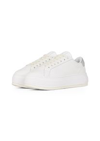 Damen Plateausneaker "BOLD FLATF LOW MIX OHB", Calvin Klein Jeans, Gr. 41, silber, Leder, Lederimitat, sportlich, Schuhe, Schnürschuh, Halbschuh,