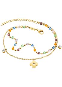 JULIE JULSEN Damen Fußkette "Edelstahl vergoldet Glänzend 27 Zirkonia und bunte Perlen", 27cm, Edelstahl, bunt, Edelstahl, Fußkettchen