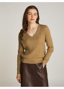 Tommy Hilfiger Damen V-Ausschnitt-Pullover "CO CABLE V-NK LS SWT", beige, casual, Gr. XXXL, unifarben, Strick, Obermaterial: 100% Baumwolle,