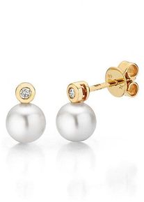 Firetti Damen Perlenohrringe "Schmuck Geschenk Gold 585 Ohrschmuck Perle", 0,1 ct SI = kleine Einschlüsse, Gelbgold 585-Perlen-Diamanten, gold,