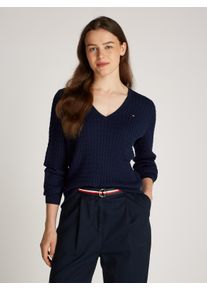 Tommy Hilfiger Damen V-Ausschnitt-Pullover "CO CABLE V-NK LS SWT", blau, casual, Gr. L, unifarben, Strick, Obermaterial: 100% Baumwolle, Pullover,