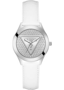 Guess Damen Quarzuhr "GLITZ PLAQUE", weiß, Armbanduhren, Armbanduhr, Damenuhr, Lederarmband