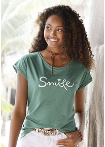 Beach Time BEACHTIME T-Shirt 'mit Frontdruck "Smile"' grün Gr. 32/34 für Damen. Rundhals und Print. Bequem. Nachhaltig.