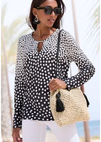Langarmshirt Lascana, Damen, Gr. 36/38, schwarz (schwarz, creme bedruckt), Jersey, Obermaterial: 100% Viskose, bedruckt, gepunktet, figurumspielend h&uuml;ftlang, V-Ausschnitt, Shirts Langarmshirt, mit kleinem Ausschnitt, Jerseyshirt, Dot-Print