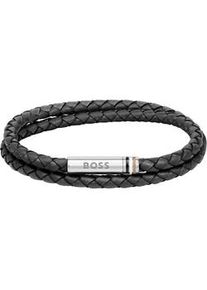 Armband BOSS "Schmuck Edelstahl Lederarmband Wickelarmband ARES" Armbänder Gr. M, Leder-Edelstahl, grau (schwarz-edelstahlfarben) Herren