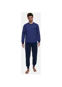 Götzburg Pyjama GÖTZBURG Gr. 54, blau (blau-dunkel-multicolor1) Herren Homewear-Sets mit praktischen Bündchen und Brusttasche