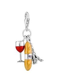 Charm-Einhänger Thomas Sabo "Rotweinglas, Baguette und Eiffelturm, 2078-390-7" Charms beige (silberfarben, rot, beige, blau, blau) Damen mit Korund (synth.), Zirkonia (synth.)