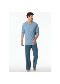 Pyjama Schiesser ""Comfort Essentials"" Gr. 50, blau (808-blaugrau) Herren Homewear-Sets mit V-Ausschnitt und aufgesetzter Brusttasche