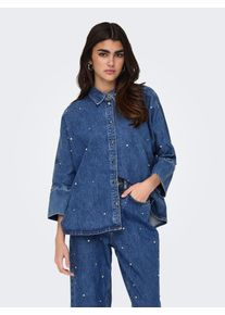 Only Damen Jeansbluse "ONLGRACE 3/4 RHINESTONE MB DNM SHIRTNOOS", blau, modisch, Gr. XS, unifarben, Web, Denim/Jeans, Obermaterial: 100% Baumwolle,