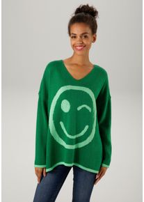 Aniston CASUAL Damen Strickpullover, grün, modisch, Gr. 40, gemustert, Strick, Obermaterial: 100% Polyacryl, Pullover, mit eingestricktem Smiley
