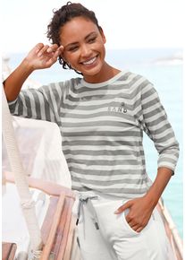 ELBSAND Damen 3/4-Arm-Shirt, weiß, casual, Gr. S, gestreift, Jersey, Obermaterial: 50% Baumwolle, 50% Polyester, Shirts, mit Streifen,