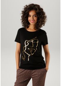 Aniston CASUAL Damen T-Shirt, gold, modisch, Gr. 44, Glitzermuster, bedruckt, Single Jersey, Obermaterial: 95% Viskose, 5% Elasthan, Shirts, mit