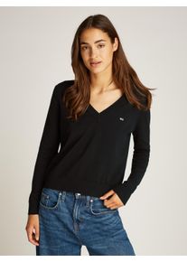 Damen V-Ausschnitt-Pullover "TJW ESSENTIAL VNECK SWEATER EXT", schwarz, casual, Gr. XXXL, Tommy Jeans CURVE, unifarben, Strick, Obermaterial: 100%