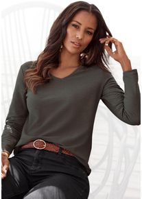 Lascana Damen Langarmshirt "mit Streifenstruktur", grün, Basic, Gr. 32, unifarben, Jersey, Obermaterial: 100% Baumwolle, Shirts, aus weicher