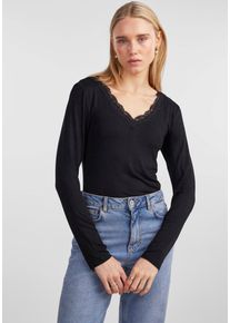 Pieces Damen V-Shirt "PCBARBERA LS LACE TOP NOOS BC", schwarz, casual, Gr. XL, unifarben, Single Jersey, Obermaterial: 95% Viskose, 5% Elasthan,