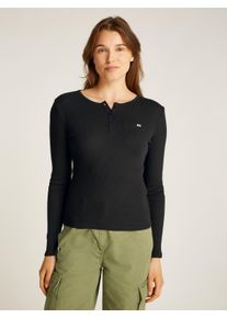 Damen Langarmshirt "TJW SLIM BUTTON RIB", schwarz, casual, Gr. XL, Tommy Jeans CURVE, unifarben, Rippware, Obermaterial: 100% Baumwolle, Shirts, in