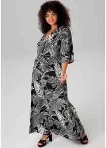 ANISTON PLUS Damen Maxikleid, schwarz-weiß, Gr. 48, bedruckt, gemustert, Single Jersey, Obermaterial: 95% Viskose, 5% Elasthan, Kleider, mit