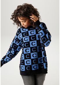 Aniston CASUAL Damen Strickpullover, blau, modisch, Gr. 44, Jacquardmuster, gemustert, Strick, Obermaterial: 73% Polyamid, 19% Viskose, 8% Polyester,