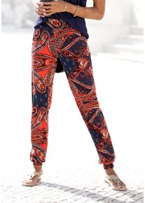 Lascana Damen Strandhose, blau, casual, Gr. 36, bedruckt, Jersey, Obermaterial: 100% Viskose, Hosen, mit Paisleyprint und Taschen, leichte