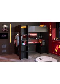 Hochbett Inosign, B:116cm H:180cm L:204cm, schwarz, Hochbetten, "Meddox, TOPSELLER OTTOs Choice, Gamerbett, LED, Schreibtisch", Kleiderstange, viel