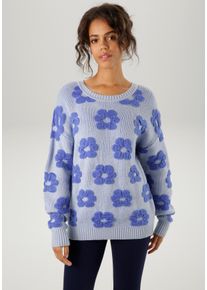 Aniston CASUAL Damen Strickpullover, blau, modisch, Gr. 38, gemustert, Jacquardmuster, geblümt, Strick, Obermaterial: 35% Viskose, 30% Polyacryl, 20%
