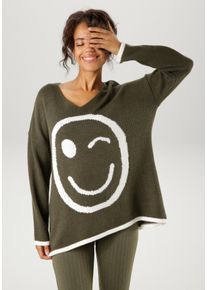 Aniston CASUAL Damen Strickpullover, grün, modisch, Gr. 40, gemustert, Strick, Obermaterial: 100% Polyacryl, Pullover, mit eingestricktem Smiley