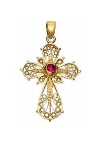 Kreuz-Anhänger Firetti "Schmuck Geschenk Gold 375 Halsschmuck Anhänger Halskette Kreuz" Schmuckanhänger Gr. Gelbgold 375, 1,37 g, goldfarben (gelbgold-375-rot + rot) Damen mit Rubin