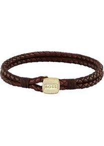 Lederarmband BOSS "SEAL, 1580667M, 1580668M" Armbänder Gr. M, Edelstahl-Leder, braun (gelbgoldfarben-braun) Herren