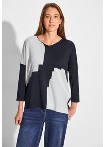 Cecil Damen Longpullover, blau, casual, Gr. M, bedruckt, Web, 60% Baumwolle, 40% Viskose, Pullover, mit abgerundetem V-Ausschnitt