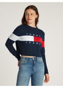 Tommy Jeans Damen Strickpullover "TJW CENTER FLAG SWEATER EXT", blau, casual, Gr. XL, unifarben mit Farbeinsätzen, Strick, Obermaterial: 100%