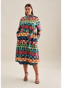Seidensticker Damen Sommerkleid "Schwarze Rose", blau, Gr. 50, gemustert, 100% Viskose, Kleider, Langarm Kragen Geometrische Muster