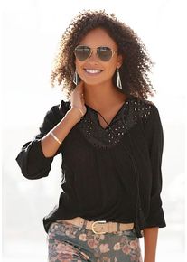 Lascana Crepebluse schwarz Gr. 34 für Damen. V-Ausschnitt und Bindeband, Quasten. Figurumspielend