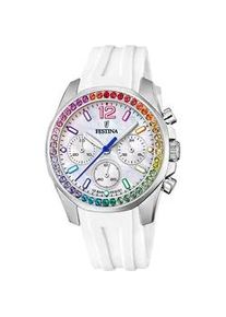 Chronograph Festina "Boyfriend, F20610/2" Armbanduhren weiß Damen Armbanduhr, Quarzuhr, Damen, Stoppfunktion, Zirkonia Regenbogenfarben