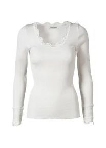 Langarmshirt rosemunde "Benita Silk Blouse" Gr. XS, weiß (new white) Damen Shirts Vintage-Spitzenbesatz am Ausschnitt, elastische Spitze an den Ärmeln