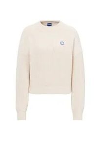 Strickpullover HUGO BLUE "Slogery_B" Gr. M, weiß (open white 110) Damen Pullover mit "Happy Hugo" Badge