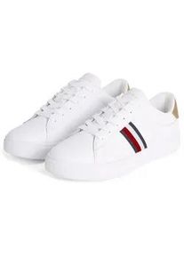 Plateausneaker Tommy Hilfiger "ESSENTIAL COURT SNEAKER STRPS" Gr. 38, goldfarben (weiß, goldfarben) Damen Schuhe Freizeitschuh, Halbschuh, Schnürschuh mit typischen Streifen