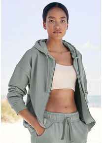 Lascana Sweatjacke salbeigrün Gr. 32/34 für Damen. Mit Logoschriftzug, Logostickerei. Basic. Nachhaltig.