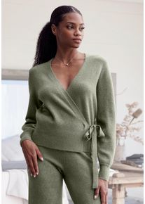 Lascana Damen Wickelstrickjacke, Gr. 44, grün, Strick, Obermaterial: 52% Polyester, 44% Polyacryl, 4% Elasthan, unifarben, meliert, casual,